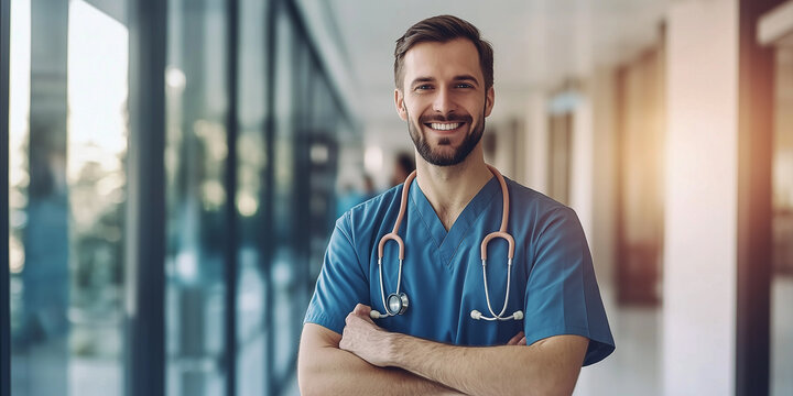 Portr&auml;t einer l&auml;chelnden Krankenschwester in der B&uuml;roumgebung einer modernen Gesundheitseinrichtung  - Krankhaus - Gesundheit Heilung