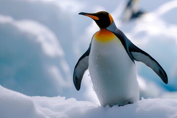 Fototapeta premium A king penguin stands proudly on an iceberg, raising its flipper while surrounded by the shimmering ice in a polar landscape during the early hours of a clear day