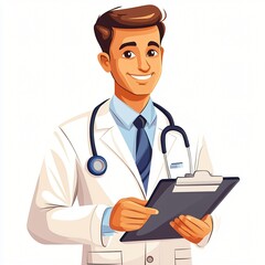 Fototapeta premium Smiling Male Doctor Holding Clipboard Healthcare Professional Medical Illustration