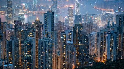 A dense cluster of high-rises forming a dramatic urban skyline under soft evening light.