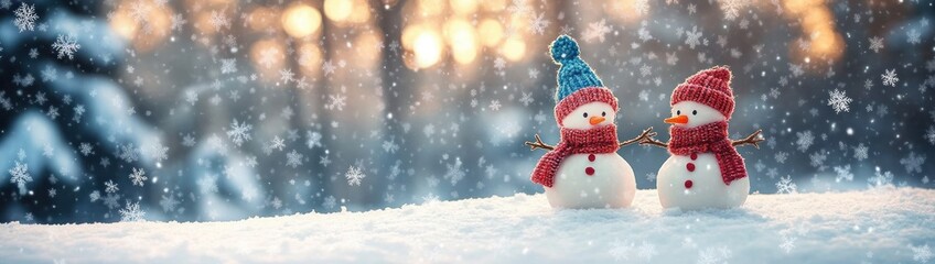 Fototapeta premium Knitted Snowmen in a Winter Wonderland with Snowflakes and Trees