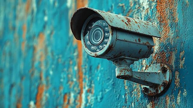 Rusty Security Camera on Weathered Wall: A weathered, rusty security camera is mounted on a peeling, turquoise wall, creating a gritty and atmospheric image that evokes a sense of surveillance, age.