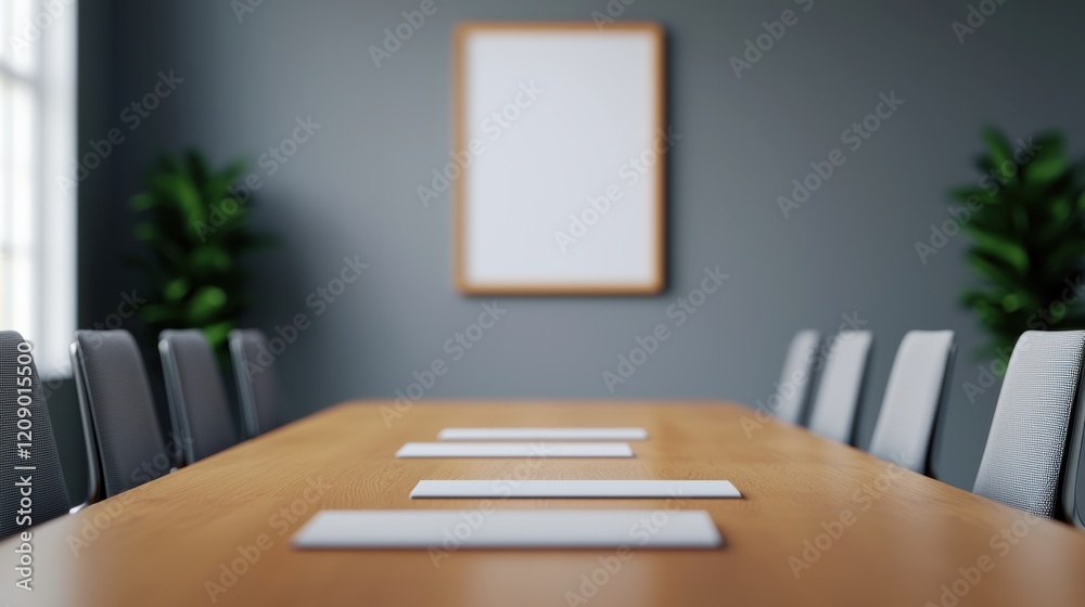 Poster Empty conference room table with documents and task lists awaiting business meeting