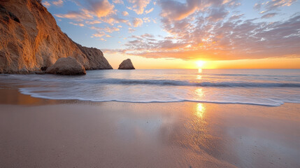 Obraz premium vibrant sunset over calm ocean, reflecting warm colors on sand