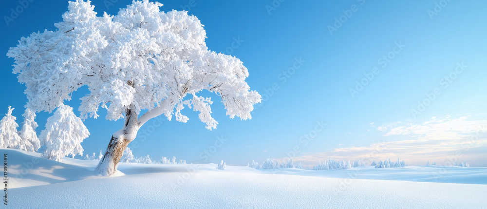 Wall mural Winter Activities, A serene winter landscape featuring a solitary, snow-covered tree under a clear blue sky, evoking tranquility and beauty.