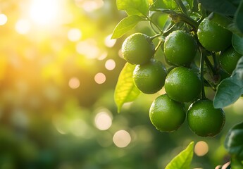 Sunlit Limes Growing On A Lush Green Tree Branch