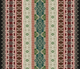 Damas fabric pattern, ancient native fabric, green, maroon, mixed with light colors, black, vertical pattern