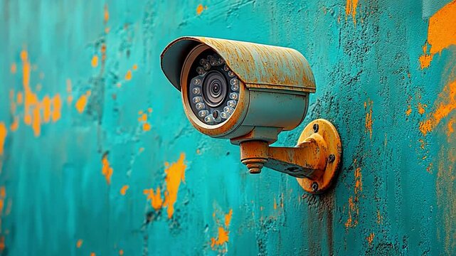 Rusty Security Camera on Teal Wall: A weathered, rusty security camera is mounted on a vibrant teal wall, its aged appearance hinting at a long history of surveillance.