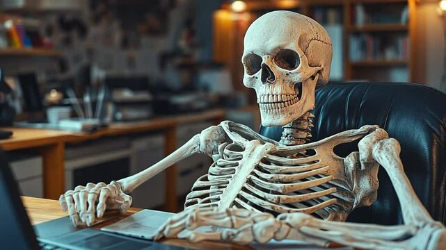 A skeleton seated at a desk with a laptop, surrounded by papers and a casual workspace.