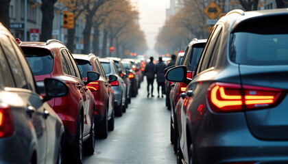 Obraz premium Cars line urban road in traffic jam. Pedestrians wait patiently at crosswalk. City rush hour. Busy commute. Transportation issue. Congestion. Urban landscape. Metropolitan area. Busy transportation.