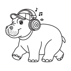 Line art of hippopotamus cartoon with headphone listening to the song vector