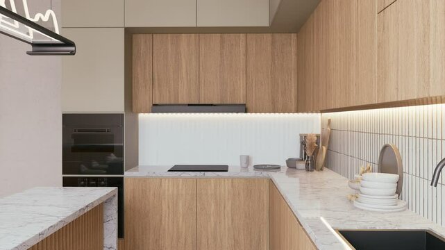 A modern kitchen featuring sleek cabinetry, marble countertops, and stylish lighting, creating a warm and inviting culinary space. 3d rendering video 4K interior apartment.