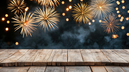 Richly colored fireworks illuminate night sky over wooden surface
