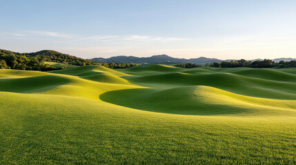 Naklejka premium Lush green rolling hills under clear sky at sunset create serene landscape
