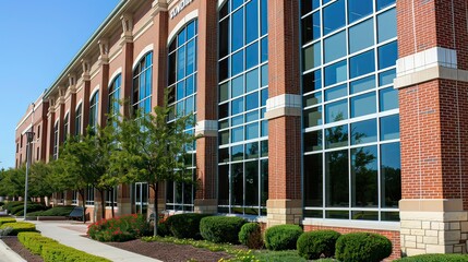 Obraz premium Side view of a brick-and-stone office building exterior with decorative windows.