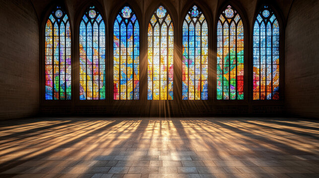 Richly colored stained glass windows in cathedral with sunlight