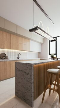 A modern kitchen design featuring sleek cabinetry, a minimalist island, stylish bar stools, and a bright, airy atmosphere. 3d rendering 4K video.