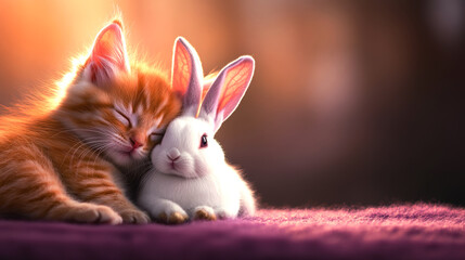 A heartwarming moment captured as an orange tabby kitten snuggles against a white rabbit, both resting peacefully together on a soft surface, radiating warmth and cuteness.