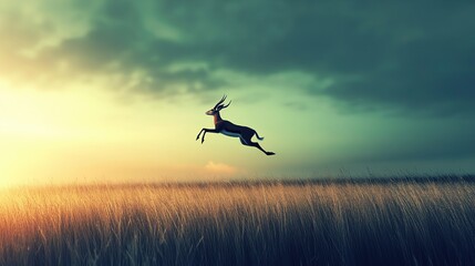 Fototapeta premium Gazelle leaping over golden field at sunset.