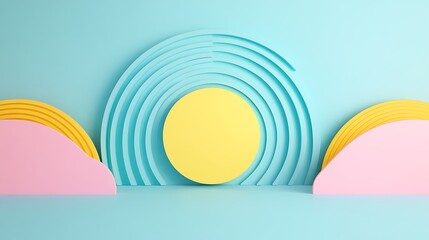 Colorful abstract composition featuring a semi-circle arrangement with pastel elements and a bright yellow circle.