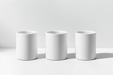 Three identical white cylindrical containers on a white surface.