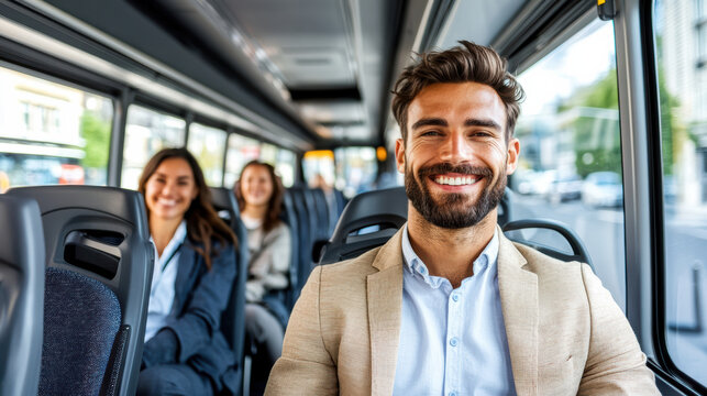Smiling man in suit on bus with diverse travelers enjoying ride