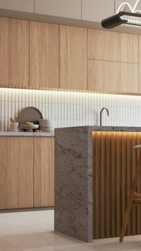 A modern kitchen featuring wooden cabinetry, a marble countertop, a minimalist design, and sleek fixtures, illuminated by soft lighting. 3d rendering.