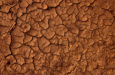 The cracked, dry earth surface showcases a unique texture filled with warm brown tones. Climate change, drought