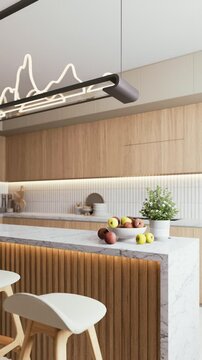 A modern kitchen featuring a marble countertop, wooden accents, a bowl of apples, and a decorative plant on the island. 3d rendering interior animation.