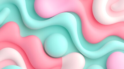 Colorful Abstract Waves in Soft Pastel Tones of Pink, Mint Green, and White for Modern Design Backgrounds