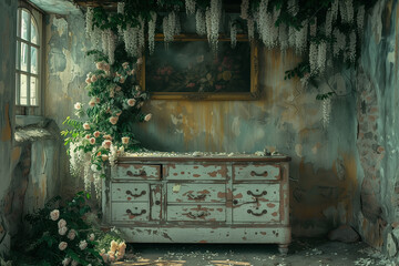 Rustic scene of vintage dresser covered in wisteria, in an old room, photography backdrop, decorative backgrounds.
