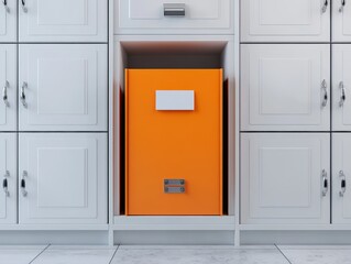 Orange file box in white cabinets.