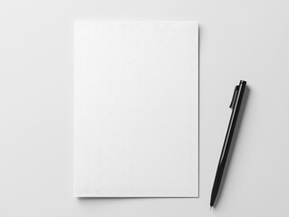 Blank white paper and black pen on white background.