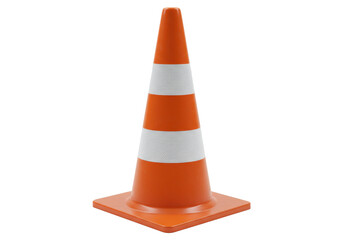 Bright orange traffic cone with white reflective stripes and a square base, isolated on a white background
