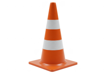 Bright orange traffic cone with white reflective stripes and a square base, isolated on a white background