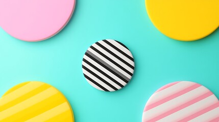 Colorful Circular Design Elements with Stripes on a Bright Turquoise Surface