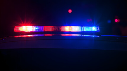Blue light flasher atop of a police car with city lights in the background, symbolizing law enforcement presence and emergency response in an urban environment.
