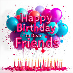 Happy birthday to dear friend text with colorful balloons and candles