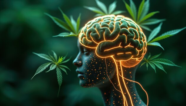 Abstract illustration of brain interwoven with illuminated neural pathways, cannabis leaves. Shows possible integration of cannabis into neurological systems. Image potentially represents study of