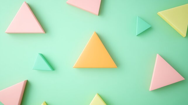 Colorful geometric triangles on soft green background, modern design and playful atmosphere for creative uses