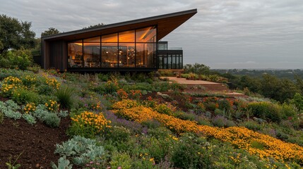 Fototapeta premium Modern architectural house with a slanted roof and large glass windows glowing at dusk, situated on a lushly landscaped hillside with yellow flowers.