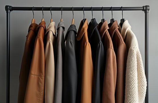 Stylish autumn capsule wardrobe. Different coats, sweaters in neutral colors hang on black metal rail. Variety of textures, tones for easy dressing. Modern male fashion concept. Trendy items