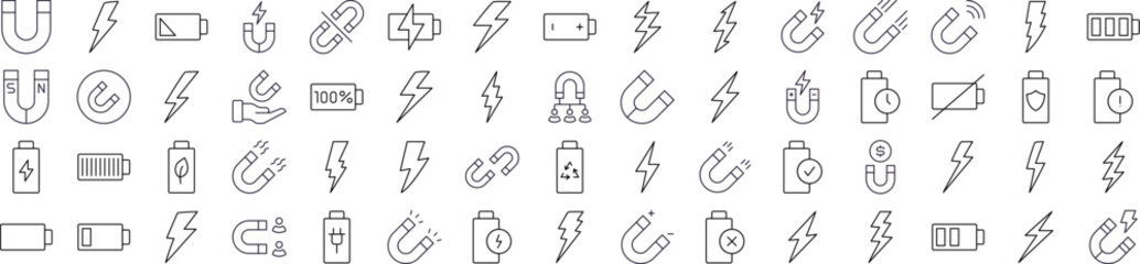 Magnet, Battery, Lightning Line Icon Set. Outline Signs for Graphic and Web Design, Apps, Adverts, Various Cards