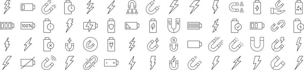 Magnet, Battery, Lightning Line Icon Collection. Outline Signs for Graphic and Web Design, Apps, Adverts, Various Cards