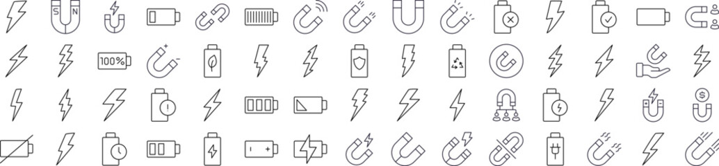 Bundle of Magnet, Battery, Lightning Related Line Icons. Outline Signs for Graphic and Web Design, Apps, Adverts, Various Cards