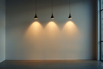Three pendant lights illuminate a blank wall in a modern room.