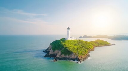 Serene Coastal Landscape Featuring a Lighthouse on a Green Island Surrounded by Calm Waters and a Beautiful Sky at Sunrise or Sunset in Tranquil Environment
