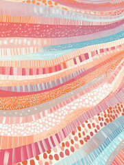 Abstract Wave of Color:  A vibrant and dynamic abstract artwork featuring flowing, multicolored stripes, dots, and textures in a calming palette of pastel pinks, oranges, and blues.