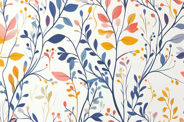 Floral Watercolor Seamless Pattern: A delightful and vibrant seamless pattern featuring delicate watercolor floral branches in shades of blue, yellow, pink, and green.