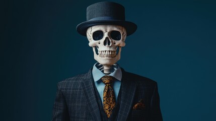 Stylish skeleton in a suit and hat posing against a blue background showcasing a unique blend of elegance and macabre charm.